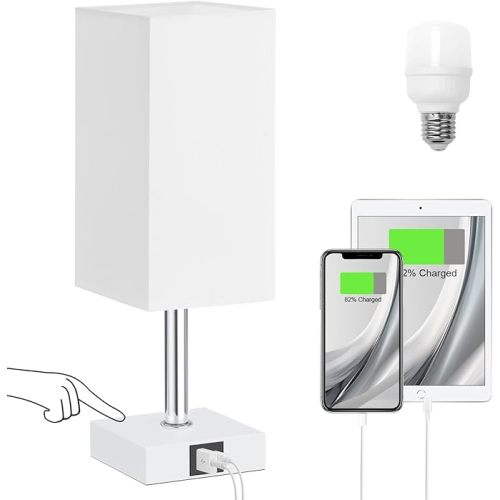 Ambimall Touch Control Table Lamp with USB A+C Charging Ports - 3 Way Touch Lamps Bedside, Nightstand Lamp for Bedrooms Living Room Nursery, LED Bulb Included(White Shade)