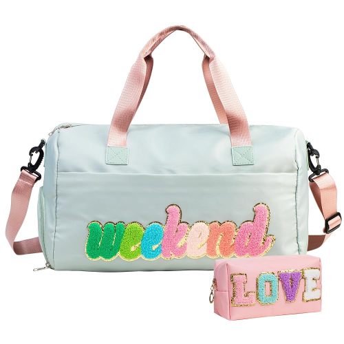 Travel Weekender Bag for Women With Shoe Compartment - Carry-On Duffel, Gym, Hospital Personal Item - Includes Toiletry Bag - 2 Pcs Love Chenille Letter Preppy