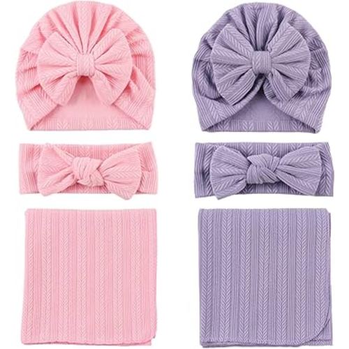 OMUKY Newborn Receiving Blanket Bow Headband and Beanie Set Baby Swaddle Receiving Blankets Baby Boy Girls Nursery Swaddle Wrap(Light Pink+Purple)