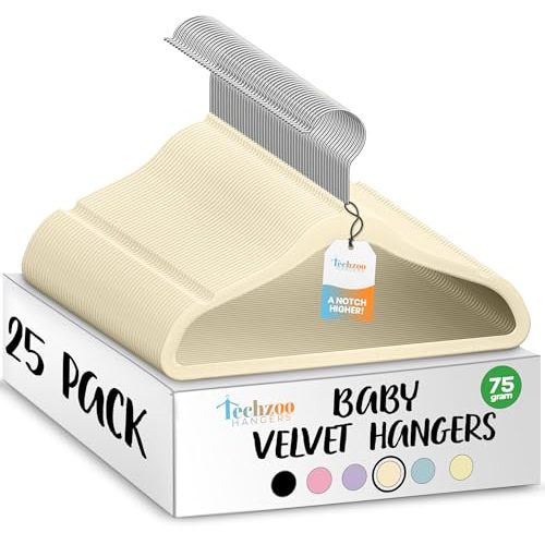 TechZoo 25 Premium Baby Velvet Hangers - 11.8 Inches Non-Slip & Ultra-Slim Baby Hangers for Space-Saving & Children Clothes - 360 Swivel Hook, Strong & Durable Infant & Toddler Clothes Hanger - Beige