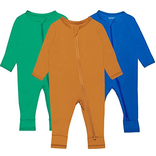 GUISBY Baby Pajamas with Mitten Cuffs - 3Pcs Girls Boys 2 Way Zipper Long Sleeve Rayon Sleepers
