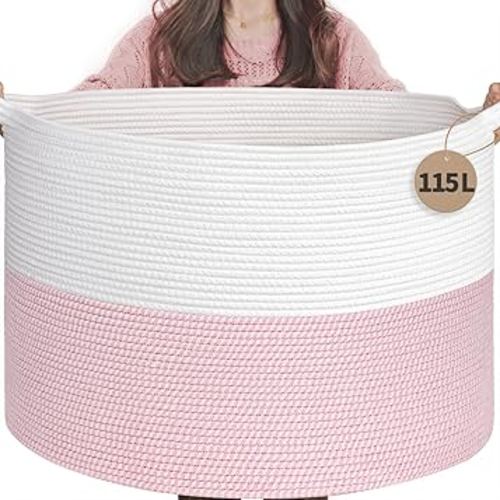 INDRESSME 115L Extra Large Pink Laundry Basket for Nursery Stuffed Animal Storage, Blanket Rope Baby Baskets Kids Toy Organizer Dorm Room Essentials for Girls, Pink