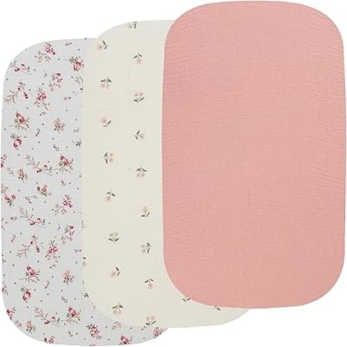 Onacosht Muslin Bassinet Sheets 3 Pack, 100% Cotton Baby Fitted Sheet 33" X 17" for Rectangle, Round, Oval, Hourglass Mattress, Pink and Floral