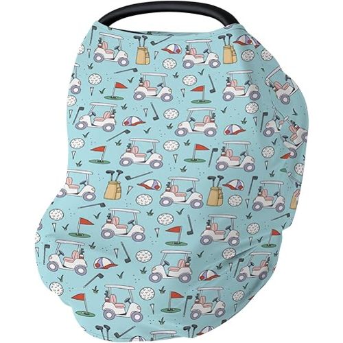 Golf Baby Car Seat Covers Sports Golfing Stretchy 5-in-1 Cover Adjustable Infant Carseat Cover Canopy Golf Clubs Bag Balls Breathable Nursing Cover-Up Blue