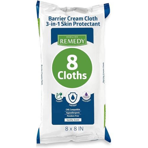 Medline Remedy Clinical 3-in-1 Barrier Cream Cloth, 8 count (1 Pack), 8 x 8 in Adult Wet Wipes, Vanilla Scent, Incontinent Care, Dimethicone, Irritated Skin, Soothing, Nourishing, Gentle