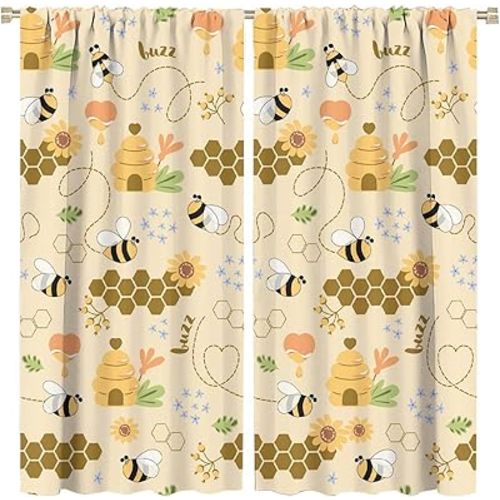 Bee Curtains Cartoon Cute Flying Bees Geometric Hexagonal Honeycomb Yellow Flower Colorful Art Print for Kids Boys Girls Bedroom Living Room Decor Rod Pocket Blackout Window Drape 42x45in