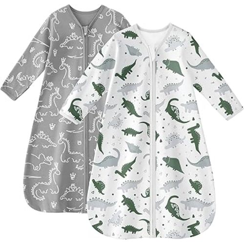 Baby Sleep Sack 0-6 Months 100% Cotton Long Sleeve Wearable Blanket Baby Sleep Bag with 2-Way Zipper 2 Pack 0.5 Tog Sleeping Sack for Newborn Infant Gray White Dinosaur