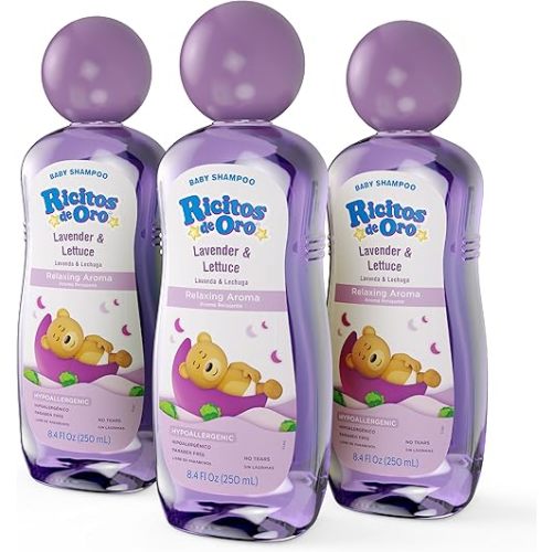 Ricitos de Oro Lavender Baby Shampoo | Nourishes & Softens Baby Hair, Gentle Lavender Scent, Tear Free Formula, Promotes Better Sleep, Includes Rattle Cup, Natural Ingredients, Size 8.45 oz, 3-Pack