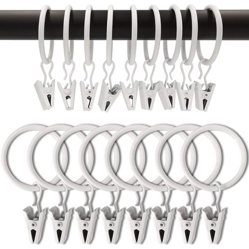 100 Pack White Curtain Rings with Clips, Curtain Hooks Hangers Clip Rings for Hanging Drapes Bows Hat, Drapery Rings 1.26 in I D, Fits up to 1 in Diameter Curtain Rod.