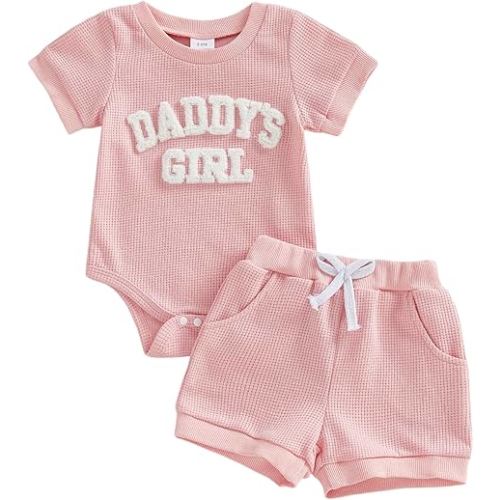 Tsultryofs Baby Girl Summer Clothes Newborn Infant Outfit Letter Embroidery Print Short Sleeve Romper with Shorts 2Pcs Set (Daddys Girl Pink, 3-6 Months)