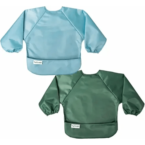 Tiny Twinkle Long Sleeve Bib for Babies & Toddlers | 2-Pack Waterproof Smock Bib for Eating | Machine Washable & Mess-Proof Feeding Essentials | Newborn Shower Gift (Slate Olive,6–24M)
