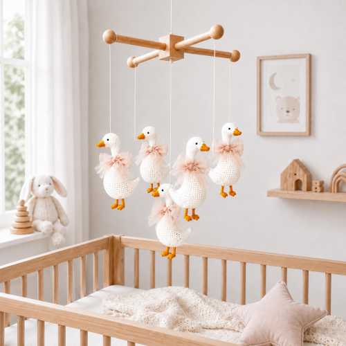 Crochet Swan Baby Mobile, Handmade Nursery Crib Decor, Cotton Yarn Hanging Toy