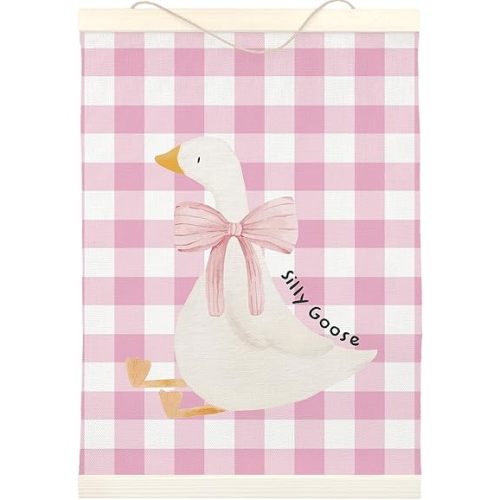 LKETW Pink Plaid Goose Poster Hanger Frame, 12x16 Inch, Preppy Wall Art, Bow Goose Wall Art for Preppy Room Aesthetic, Trendy Hanging Banner Decor for Dorm Bedroom