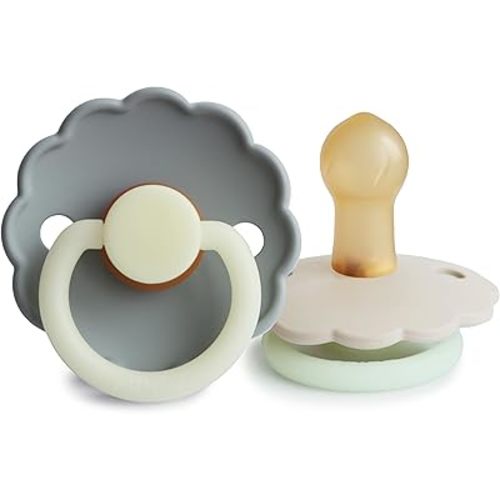 FRIGG Daisy Night Natural Rubber Baby Pacifier | Made in Denmark | BPA-Free (French Gray/Croissant, 0-6 Months) 2-Pack
