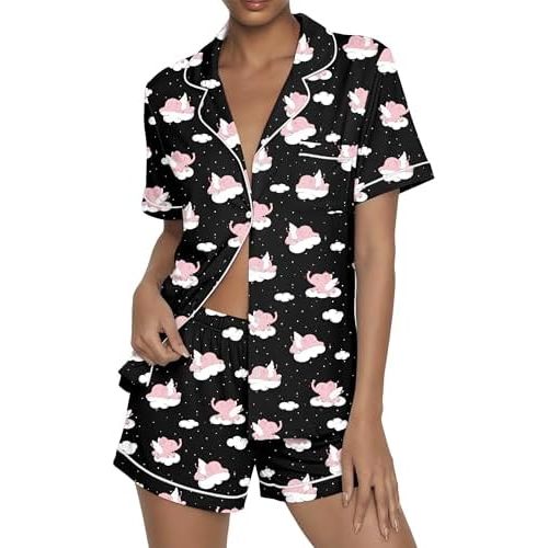 Ekouaer Womens Pajama Sets Button Up Summer Pjs 2 Piece Short Sleeve Sleepwear Lounge Set S-XXL