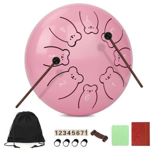Bear Steel Tongue Drum for Kids, 6 Inch 8 Notes, Music Gifts for Grandkids | Percussion Instrument for Meditation, Yoga, Education, Cute Design, Includes Mallets, Music Book, Carry Bag (Sakura Pink)