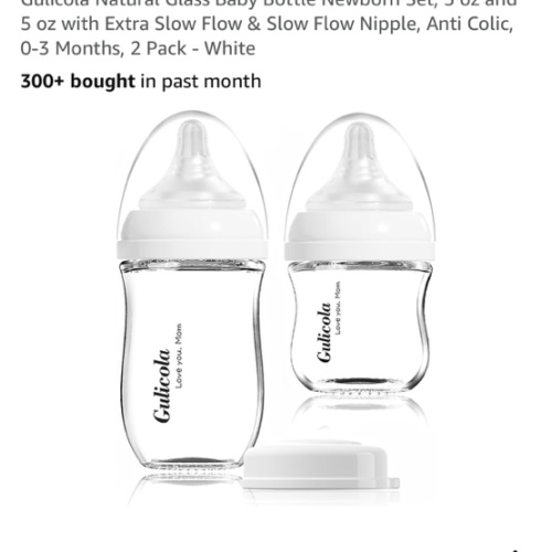 Gulicola Natural Glass Baby Bottle Newborn Set, 3 oz and 5 oz with Extra Slow Flow & Slow Flow Nipple, Anti Colic, 0-3 Months, 2 Pack - White