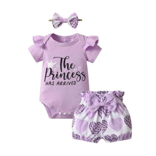 Baby Girl Clothes Ruffle Letter Short Sleeve Romper Print Shorts with Headband 3PCS Set Purple 0-3 Months