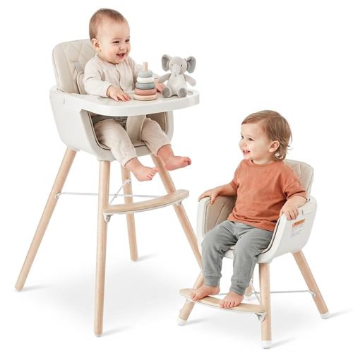 Mallify 3-in-1 Wooden High Chair, Convertible High Chairs for Babies and Toddlers, Baby Highchair with Adjustable Legs & Dishwasher-Safe Tray, Sleek Hardwood & Premium PU Cushion, Brown