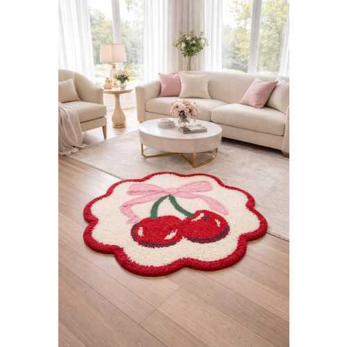 Hand-Tufted Cherry Rug with Pink Bow – Scalloped Wool Carpet for Preppy Bedroom Decor
