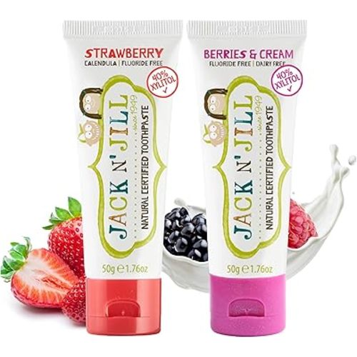 Jack N' Jill Natural Toothpaste for Kids - Fluoride Free Toothpaste, 40% Xylitol, BPA Free - Strawberry & Berries N' Cream, 1.76 oz (Pack of 2)