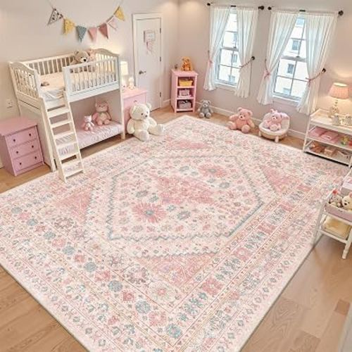 zesthome Pink Rugs for Bedroom-10x12 Area Rugs for Living Room,Girls Room | Washable Rugs for Nursery,Dining Room,Office,Low Pile,Soft, Vintage Rug,Stain Resistant Indoor Carpet,Non Slip,Home Decor