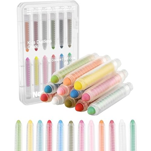 NewFamily Dustless Chalk for Kids, Colored Sidewalk Chalk With Holder,Non-Toxic Washable Toddlers Chalks Drawing Writing for Outdoor Art Play,Blackboard(12 Pcs)