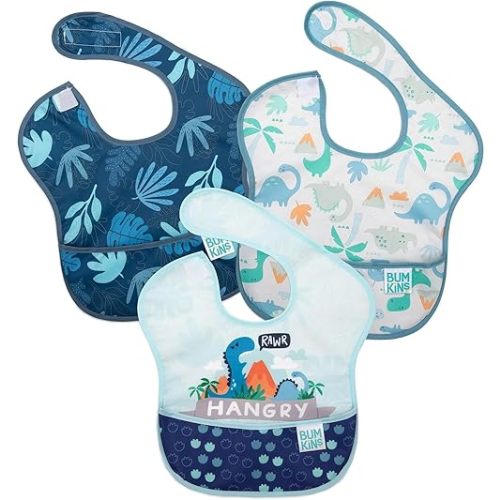 Bumkins Bibs for Girl or Boy, SuperBib Baby and Toddler for 6-24 Months, Essential Must Have for Eating, Feeding, Baby Led Weaning Supplies, Mess Saving, 3-pk Hangry, Dinosaurs, and Blue Tropic