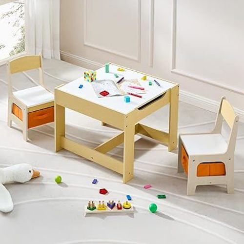 DOREROOM Kids Table and Chair Set, 3 in 1 Wooden Activity Table with Detachable Tabletop, Toddler Table and Chair Set with Storage Drawer, Kids Play Table for Children Art, Craft, Eating, Learning