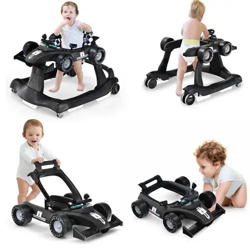 Baby Joy 4-in-1 Folding Baby Walker and Push Car with Adjustable Height & Speed and Music Box - Black | Baby Bunting AU