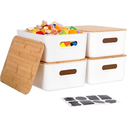Citylife Storage Bins with Bamboo Lids 16QT Plastic Storage Containers Stackable Organizer Boxes with Handle for Desk Snacks, Toys, 4 PCS, 15" L x 10.6" W x 5.8" H