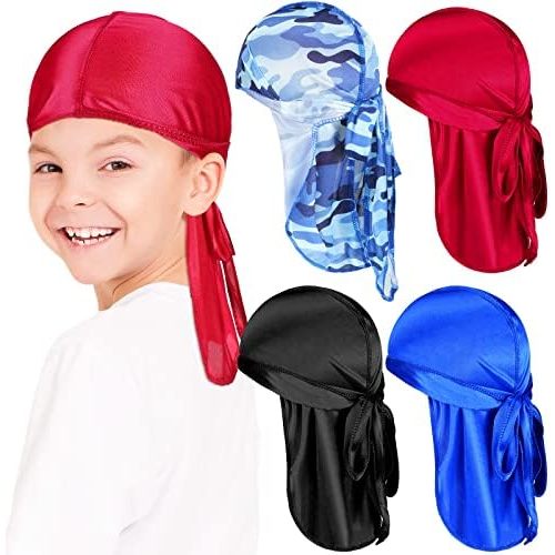 Loopeer 4 Pcs Kids Satin Durags Head Wrap Silk Durag Cap with Long Tail Wide Strap 360 Waves Cap for Boy Toddler Girls