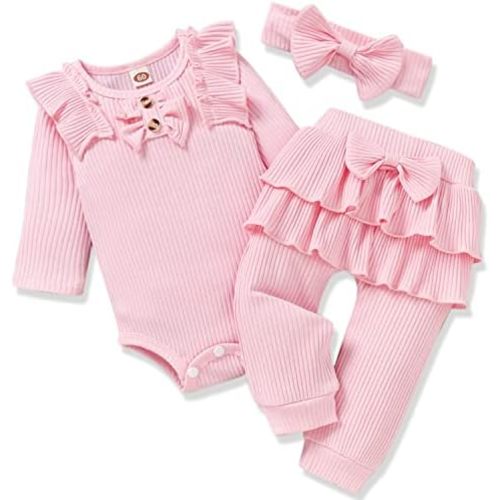 Aalizzwell Preemie Newborn Infant Baby Girls Clothes Ribbed Bodysuit Pants Set Fall Winter Outfits