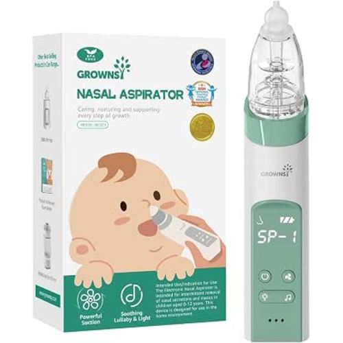 GROWNSY Electric Nasal Aspirator for Baby, Nose Sucker with 3 Tips, Green | Adjustable Suction Safely Clears Stuffy Nose, Soothing Music & Light Calm Fussy Kids, 3 Silicone Tips Fit Newborn to Toddler