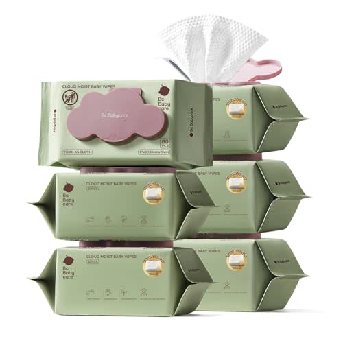Bc Babycare Cloud Moist Baby Wipes, Thick & XL, 99% Water, Ultra-Hydrating, Unscented, Hypoallergenic for Sensitive Skin, Biodegradable, 6 Flip-Top, 480 Count