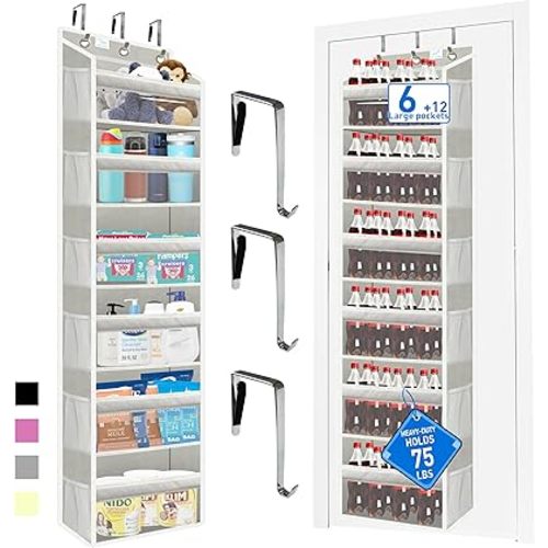 over the door organizer, Solid Bamboo Board (Not Plastic!) 6-Tier Heavy Duty 75LB, 12 Side Pockets, 3 Reinforced Hooks & Anti-Slip Pads, Waterproof & Washable, No Sagging, No Door Damage,Grey