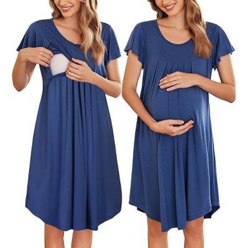 Ekouaer Nursing Nightown Labor and Delivery Gown for Hospital Pleated Breastfeeding Dress Short Sleeve Maternity Sleepwear Navy Blue XL