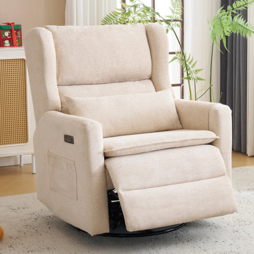 Latitude Run® Oversized Swivel Rocker Recliner Chair, 26" Extra Wide Glider Nursery Chair With Adjustable Headrest, Chenille Power Recliner Rocking With Double Cushion, Cup Holder & Reviews | Wayfair