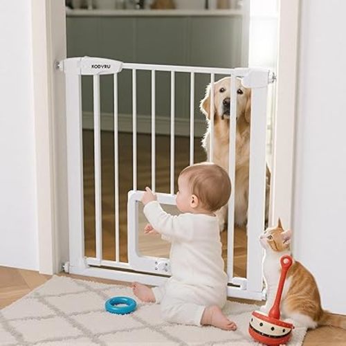 Baby Gate with Cat Door, 30" Tall Dog Gate with Cat Door Indoor, Adjustable Baby Gate for Doorways, Pressure Mounted Walk-Through Gate with Auto-Close & Double Lock, Fits 29.7-45.2 Inches