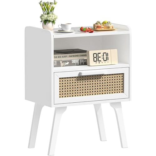 Lerliuo Rattan Nightstand, Bedside Table with Drawer Open Shelf