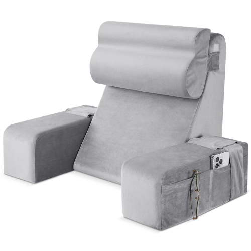 MOONORAH Reading Pillow for Sitting in Bed Adult,Backrest Pillow with Arms,Bed Chair Pillow with Big Pockets for Reading/Gaming/Resting/Watching TV,Medium 19" Grey