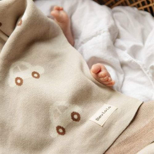 Bleu La La Baby Blanket for Boys - 100% Luxury Cotton Soft Knit Swaddle Blanket for Newborns and Infants - Cars - Cream