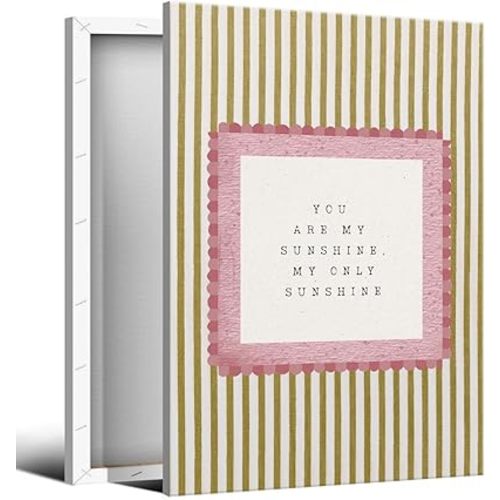 You Are My Sunshine Pink Canvas Wall Art, Baby Nursery Warming Quotes Poster, Vintage Neutral Yellow Striped Girls Room Wall Decor, Boho Watercolor Kids Bedroom Picture 8x12in Wrapped Canvas