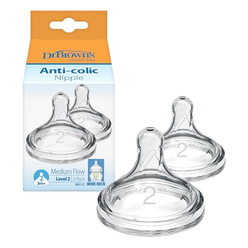 Dr. Brown’s Natural Flow Level 2, Wide-Neck Baby Bottle Nipple, Medium Flow, 3m+, 100% Silicone, 2 Pack