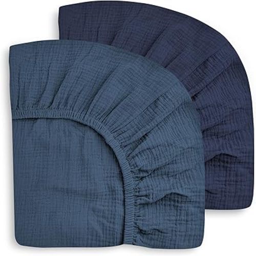 SWEET DOLPHIN 2-Pack Muslin Crib Sheets for Boys & Girls, Ultra Soft Breathable 40S Long-Staple Cotton Fitted Baby Sheets for Standard Crib Mattress 52"x28", Deep Navy- Nursery Essentials