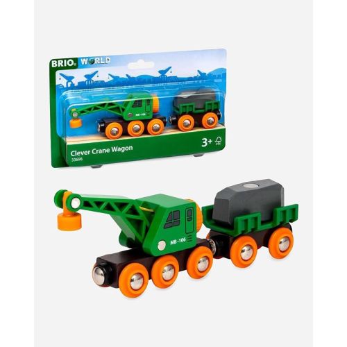 BRIO World 33698 - Clever Crane Wagon Set - 4 Piece Wooden Toy Train Set for Kids | Imaginative Play | Compatibility with Other Sets | FSC-Certified Wood