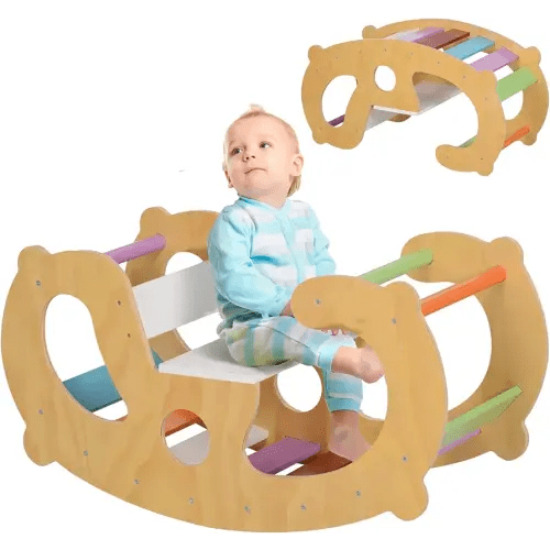 Qaba Climbing Toy for Toddlers, 2 in 1 Wooden Rainbow Climbing Arch Ladder Baby Rocker, Children Indoor Play Gym Montessori Climbing Learning Playset Playground for 18-48 Months