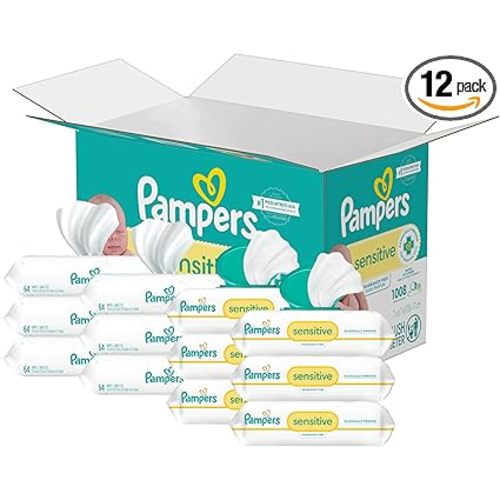 Pampers Sensitive Baby Wipes, Water Based, Hypoallergenic and Unscented, 8 Flip-Top Packs, 4 Refill Packs (1008 Wipes Total)