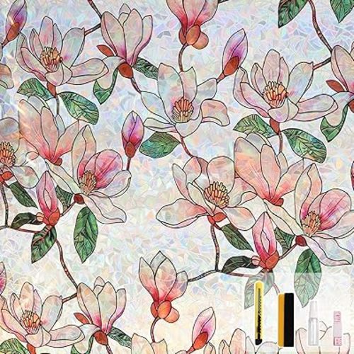 Kromapolis Window Privacy Film, Stained Glass Sticker Floral Window Clings, Decorative Static Clings UV Blocking Colorful Decals, Removable Vinyl Covering Rainbow Magnolia Flowers, 17.5'' x 157.4''