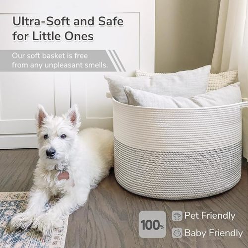 INDRESSME XXXLarge Cotton Rope Basket 21.7" x 21.7" x 13.8" Woven Baby Laundry Basket for Blankets Toys Storage Baskets with Handle Comforter Cushions Storage Bins Thread Laundry Hamper-Black Stitch
